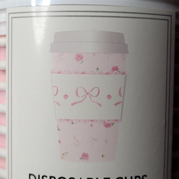 Heatherlee Chan Disposable Coffee Cups Powder Pink Bows Roses Coquette 16 oz NIP - Picture 4 of 6